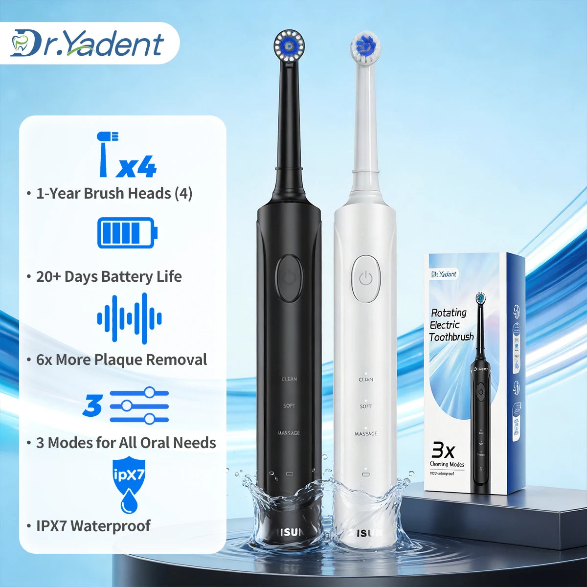 DrYadent Rotating Toothbrush YD2233 2mins Smart Timer with 3 Intelligence Modes Long-Lasting Usage with 4 Brush Heads Gum Cares