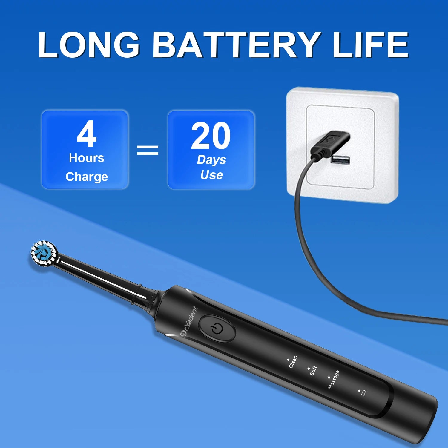 DrYadent Rotating Toothbrush YD2233 2mins Smart Timer with 3 Intelligence Modes Long-Lasting Usage with 4 Brush Heads Gum Cares