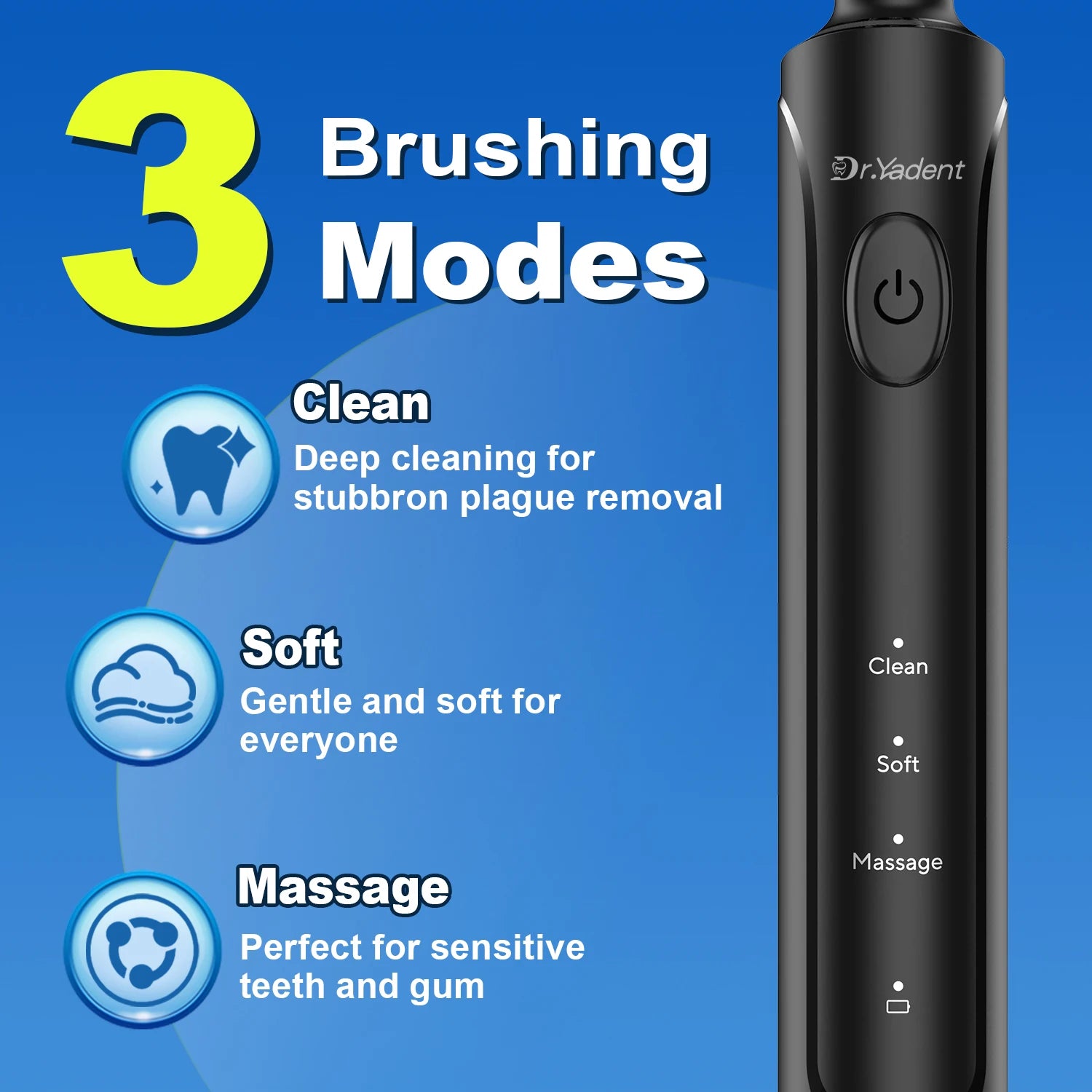 DrYadent Rotating Toothbrush YD2233 2mins Smart Timer with 3 Intelligence Modes Long-Lasting Usage with 4 Brush Heads Gum Cares