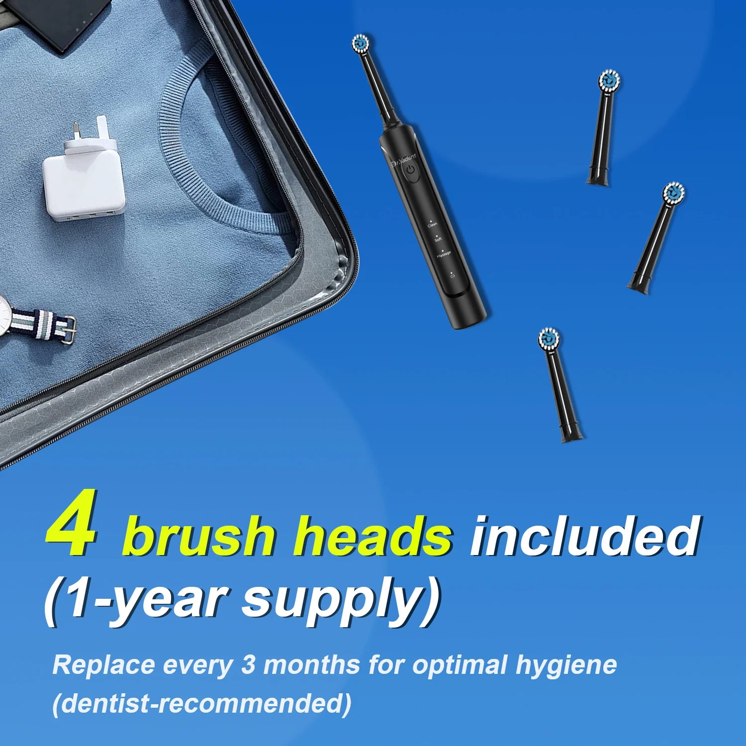 DrYadent Rotating Toothbrush YD2233 2mins Smart Timer with 3 Intelligence Modes Long-Lasting Usage with 4 Brush Heads Gum Cares